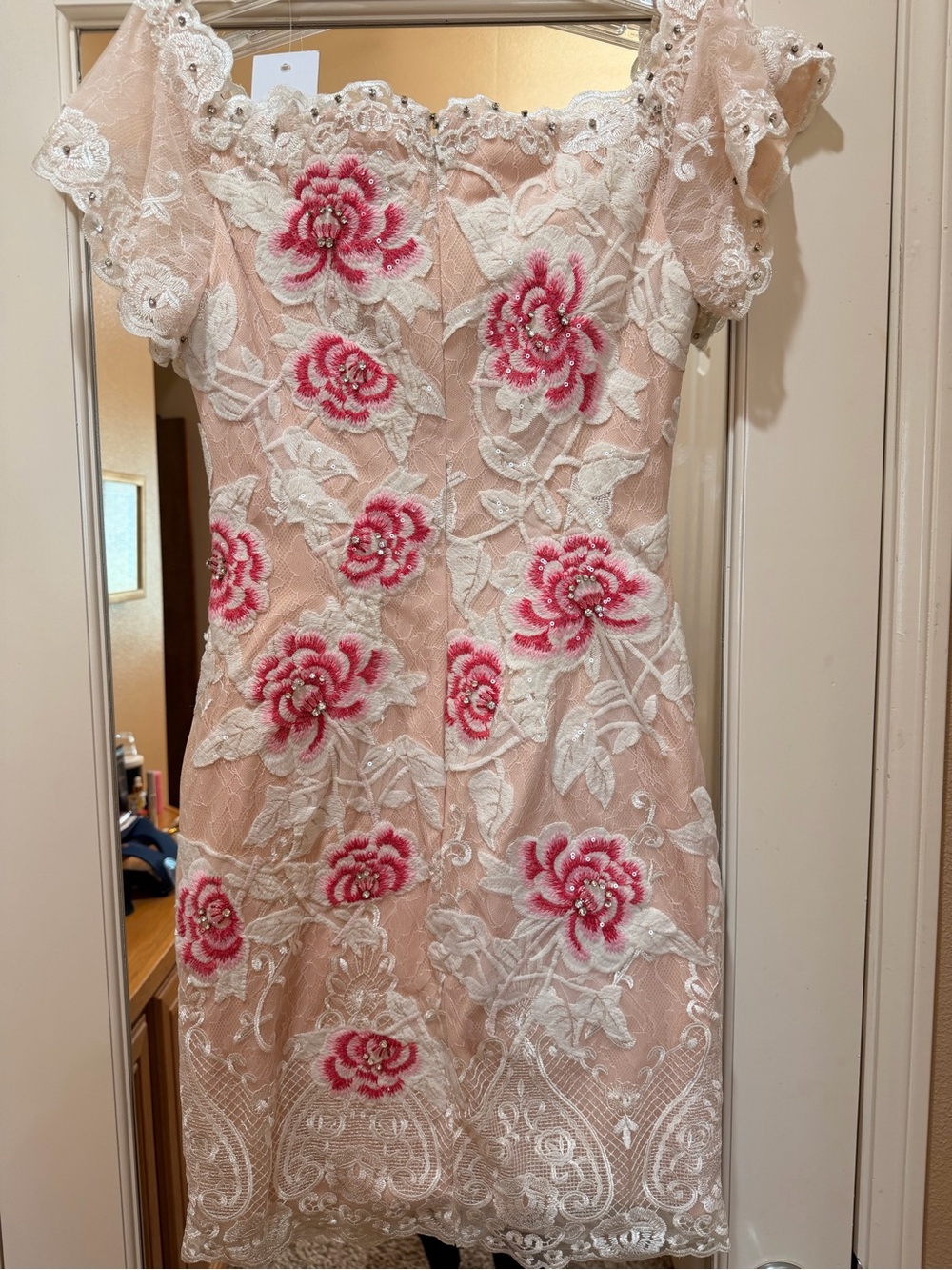 Jovani Pink and White Lace Floral Embroidered Dress